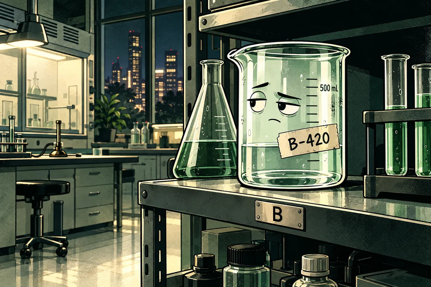 Beaker B-420 sitting on Shelf B in an empty chemistry lab at night, looking out at the city lights