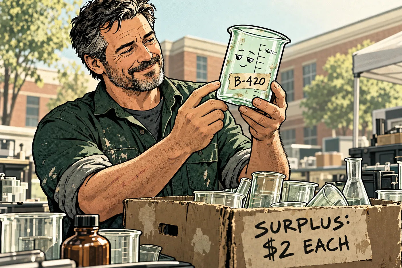 Lou the glassblower holding the B-420 beaker over a cardboard box marked SURPLUS: $2 EACH