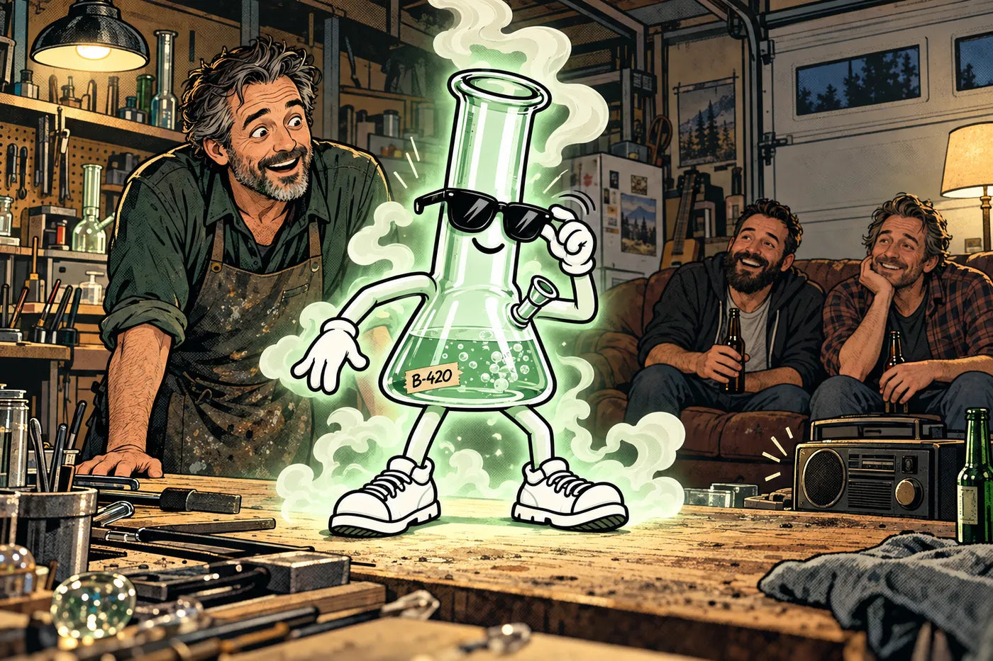 mrb0ng glowing green in Lou's garage, with new arms, sneakers and sunglasses, as Lou and his friends watch